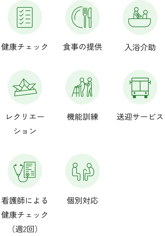健康チェック、食事の提供、入浴介助、レクリエーション、機能訓練、送迎サービス、看護師による健康チェック（週2回）、個別対応
