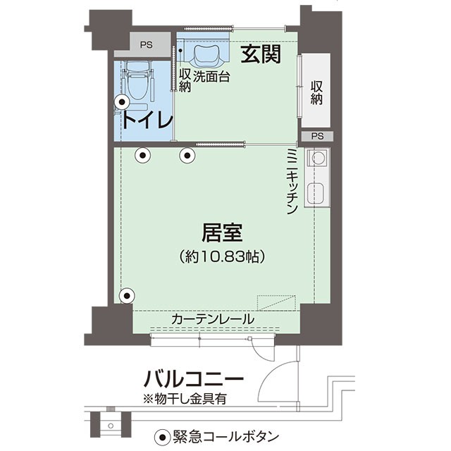 間取り図。玄関、洗面台、トイレ、居室約10.83帖にミニキッチン、バルコニーがある。
