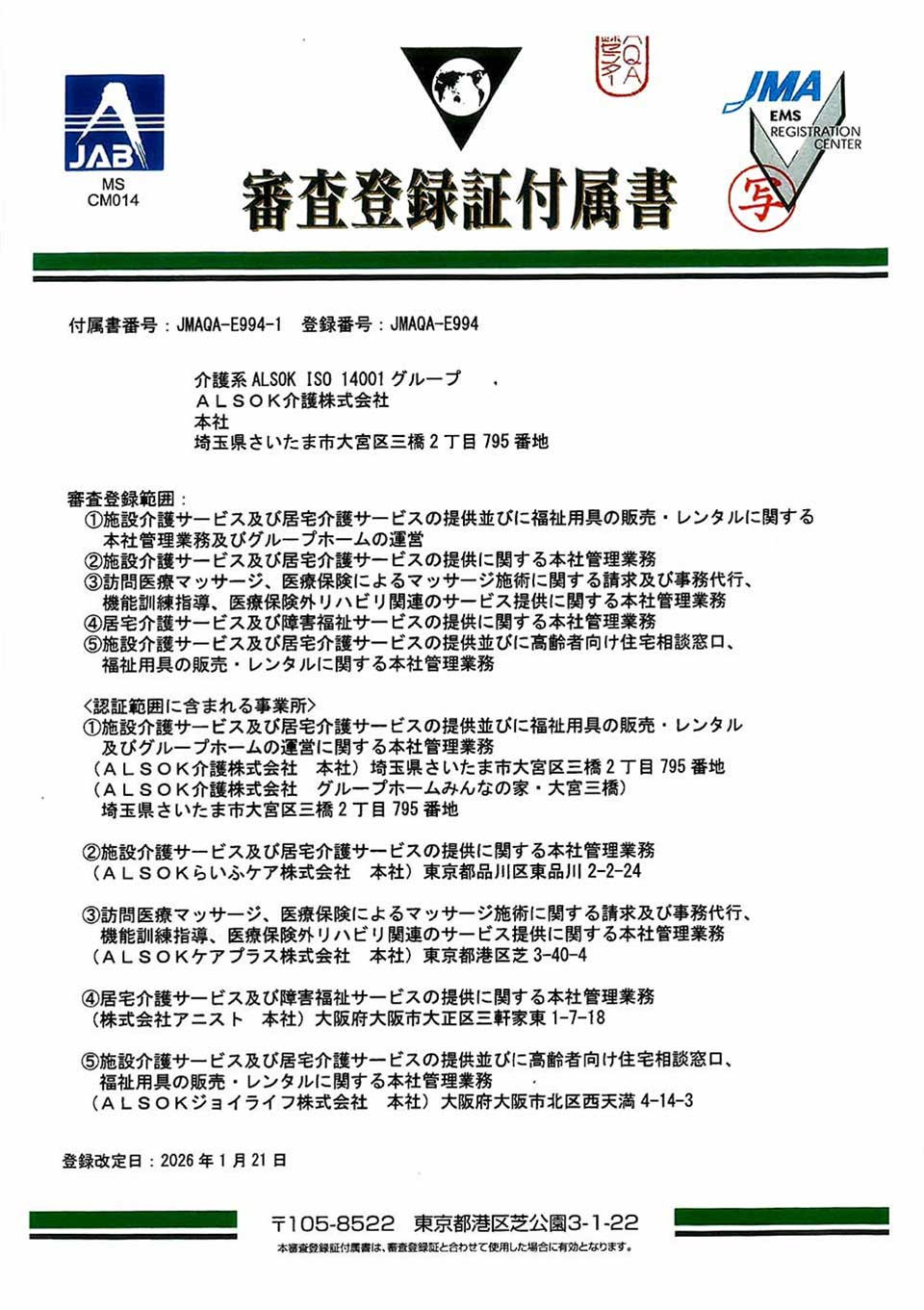 付属書番号：JMAQA-E994-1 登録番号：JMAQA-E994 グループ名：介護系 ALSOK ISO 14001 グループ 会社名：ALSOK介護株式会社 所在地：本社 住所：埼玉県さいたま市大宮区三橋2丁目795番地 【審査登録範囲】1. 施設介護サービス及び居宅介護サービスの提供並びに福祉用具の販売・レンタルに関する本社管理業務及びグループホームの運営 2. 施設介護サービス及び居宅介護サービスの提供に関する本社管理業務 3. 訪問医療マッサージ、医療保険によるマッサージ施術に関する請求及び事務代行、機能訓練指導、医療保険外リハビリ関連のサービス提供に関する本社管理業務 4. 居宅介護サービス及び障害福祉サービスの提供に関する本社管理業務 5. 施設介護サービス及び居宅介護サービスの提供並びに高齢者向け住宅相談窓口、福祉用具の販売・レンタルに関する本社管理業務 【認証範囲に含まれる事業所】1. 施設介護サービス及び居宅介護サービスの提供並びに福祉用具の販売・レンタル及びグループホームの運営に関する本社管理業務 （ALSOK介護株式会社 本社）埼玉県さいたま市大宮区三橋2丁目795番地 （ALSOK介護株式会社 グループホームみんなの家・大宮三橋）埼玉県さいたま市大宮区三橋2丁目795番地 2. 施設介護サービス及び居宅介護サービスの提供に関する本社管理業務 （ALSOKらいふケア株式会社 本社）東京都品川区東品川2-2-24 3. 訪問医療マッサージ、医療保険によるマッサージ施術に関する請求及び事務代行、機能訓練指導、医療保険外リハビリ関連のサービス提供に関する本社管理業務 （ALSOKケアプラス株式会社 本社）東京都港区芝3-40-4 4. 居宅介護サービス及び障害福祉サービスの提供に関する本社管理業務 （株式会社アニスト 本社）大阪府大阪市大正区三軒家東1-7-18 5. 施設介護サービス及び居宅介護サービスの提供並びに高齢者向け住宅相談窓口、福祉用具の販売・レンタルに関する本社管理業務 （ALSOKジョイライフ株式会社 本社）大阪府大阪市北区西天満4-14-3 登録改定日：2026年1月21日 本審査登録証付属書は、審査登録証と合わせて使用した場合に有効となります。