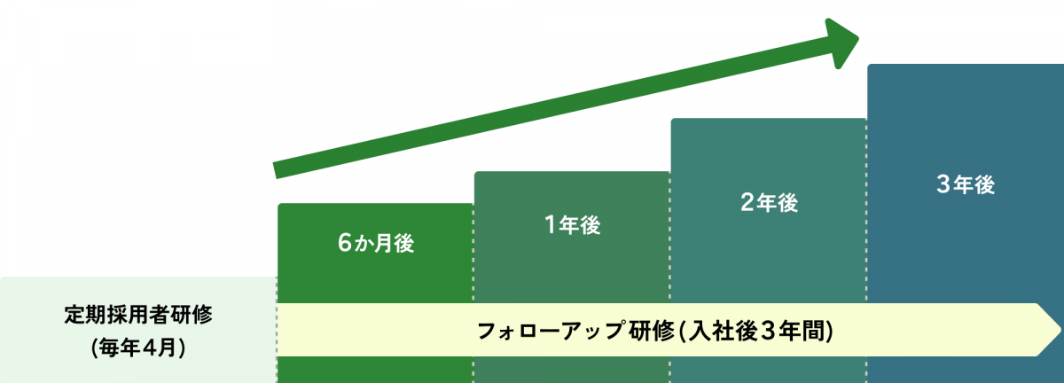 研修制度の流れ。毎年4月の定期採用者研修の後、6ヶ月後からフォローアップ研修が3年間続く。