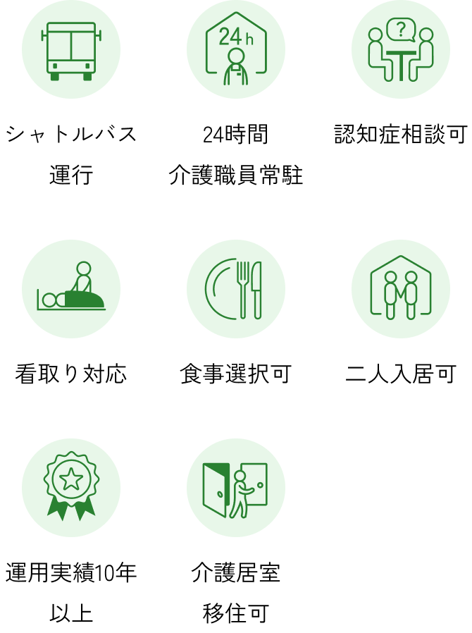 施設の特長内容。シャトルバス運行、24時間介護職員常駐、認知症相談可、看取り対応、食事選択可、二人入居可、インターネット可、運用実績10年以上、介護居室移住可がある。